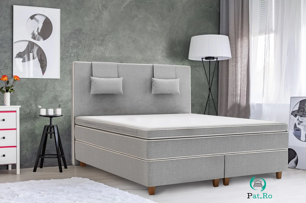 Pat matrimonial, Luxury Stockholm, 180x200 cm, saltea tip Pocket, topper latex, Gri la 6,904.00 lei ron