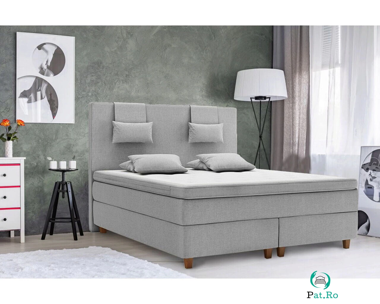 Pat matrimonial boxspring, Borgholm, 180x200 cm, saltea arcuri Pocket, topper, Gri deschis