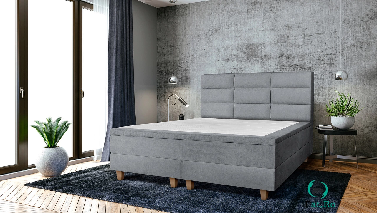 Pat matrimonial, Stockholm, Harmony E, 140x200 cm, saltea tip Pocket, topper memory, Gri