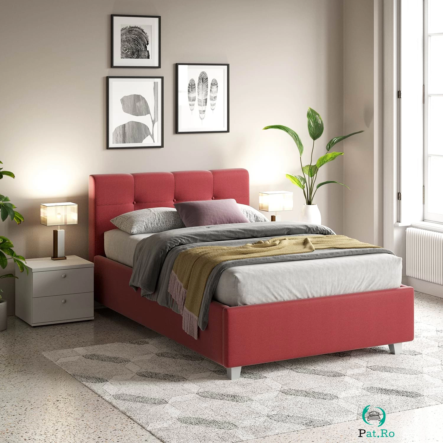 Oferta Pat tapitat o persoana ARISA, 120x200, stofa Rosie cu saltea inclusa la 1,678.00 lei ron