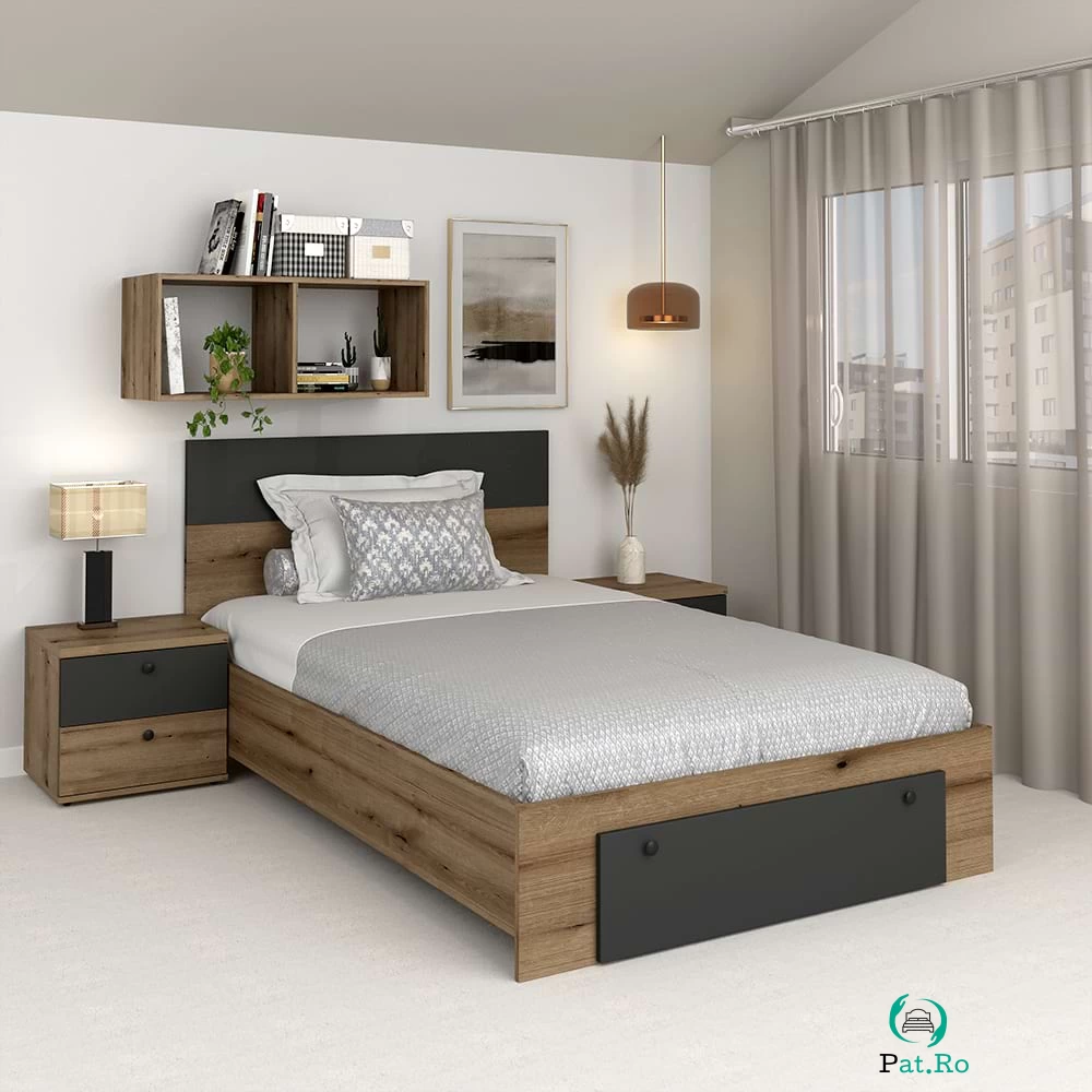 Pat copii AMBRO, 90x200, sertar frontal, Stejar, Antracit