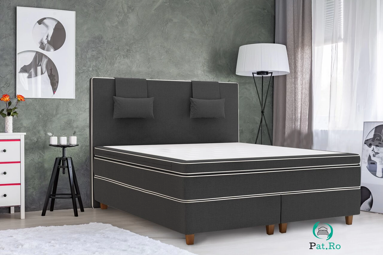 Pat matrimonial, Luxury Stockholm, 180x200 cm, saltea tip Pocket, topper latex, Antracit la 6,904.00 lei ron