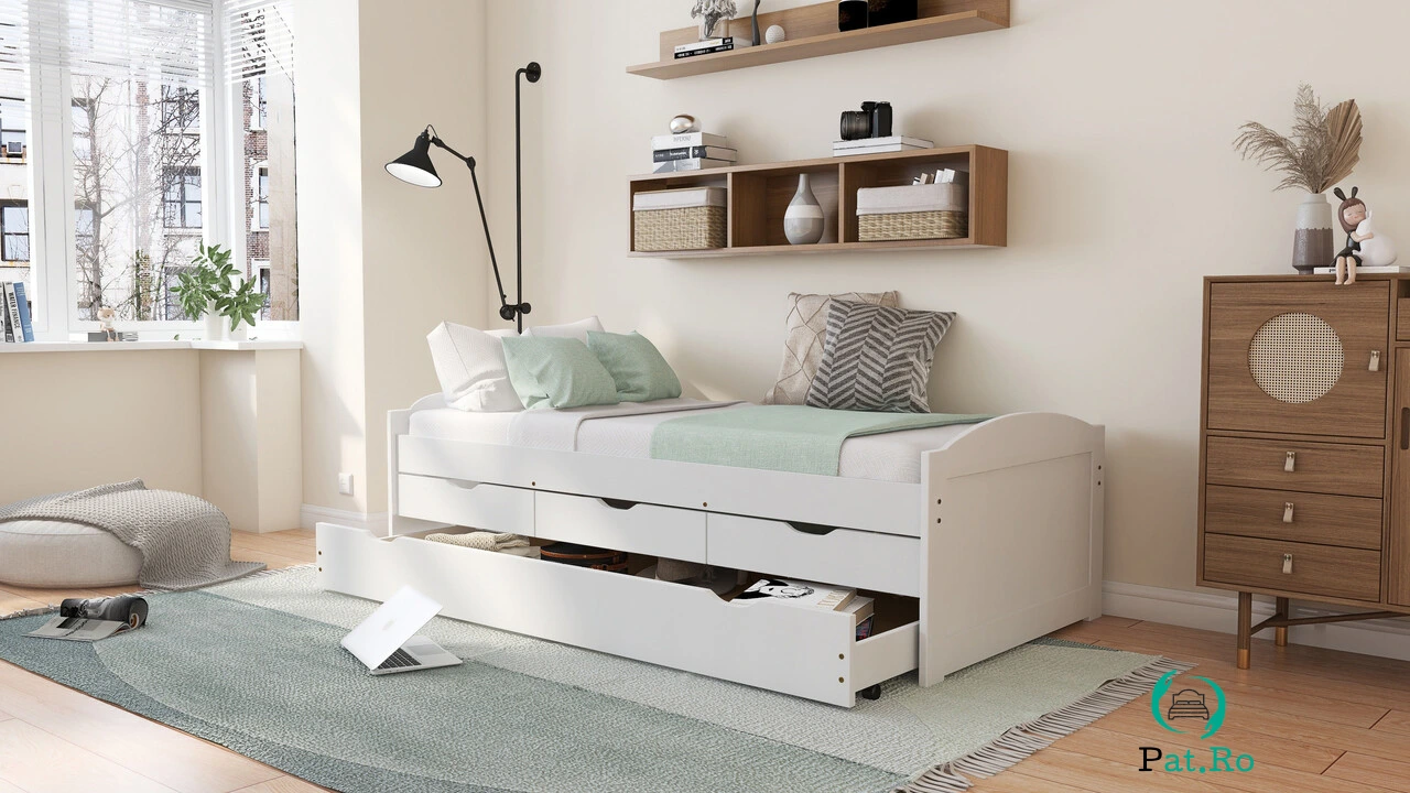 Pat multifunctional pentru o persoana, 90x190 cm, Ulli, Inter Link, lemn, alb la 1,142.00 lei ron