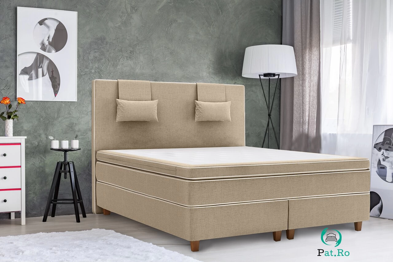 Pat matrimonial, Luxury Stockholm, 180x200 cm, saltea tip Pocket, topper latex, Crem la 6,904.00 lei ron